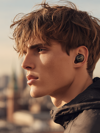 Stylish Model with Sony Wireless Headphones in Urban Setting