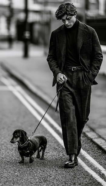 Stylish Young Male Model Walking with Sausage Dog