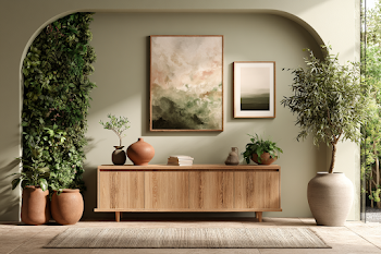 Stylized Contemporary Interior with Vertical Plant Wall