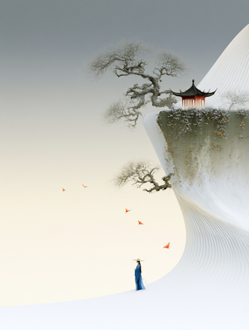 Surreal Chinese Ink-Wash Landscape with Pavilion and Poet