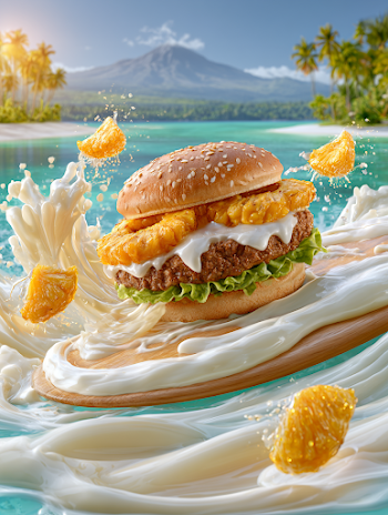 Surreal Hawaiian Burger Surfing on Molten Mozzarella