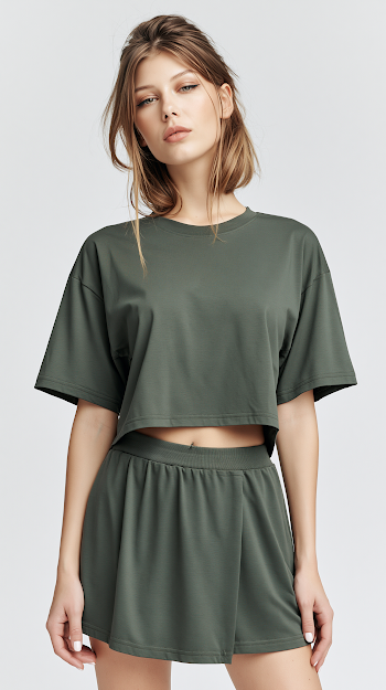 Trendy Punk Style: Young Woman in Oversized Olive T-Shirt