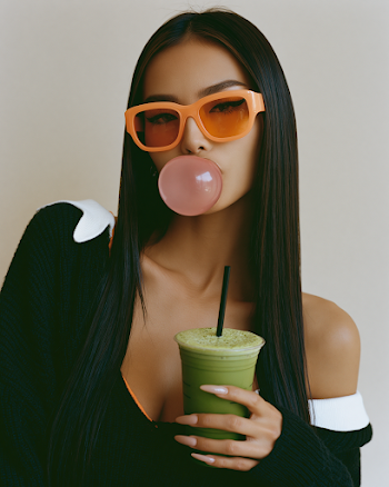 Trendy Young Woman in Futuristic Sunglasses with Matcha Latte