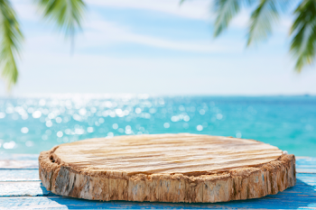 Tropical Beach with Wooden Stump Tabletop