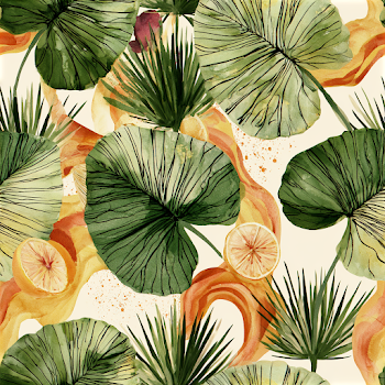 Tropical Botanical Pattern with Elephant Ear Leaves and Citrus Fruits