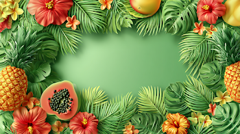 Tropical Summer Flat Lay with Tropical Foliage and Fruits