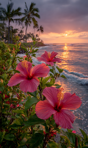 Tropical Sunset with Pink Hibiscus Flowers