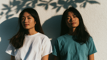 Two Asian females in casual t-shirts against a textured wall