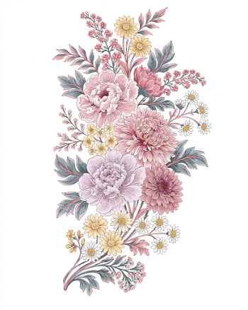 Vibrant Botanical Illustration of Flowers and Leaves