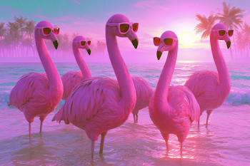 Vibrant Flamingos in Retro Sunglasses at Sunset