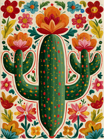 Vibrant Folk Art Cactus with Floral Background