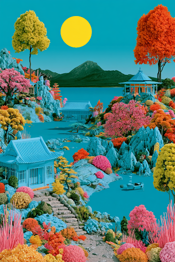 Vibrant Oriental Landscape with Colorful Flora