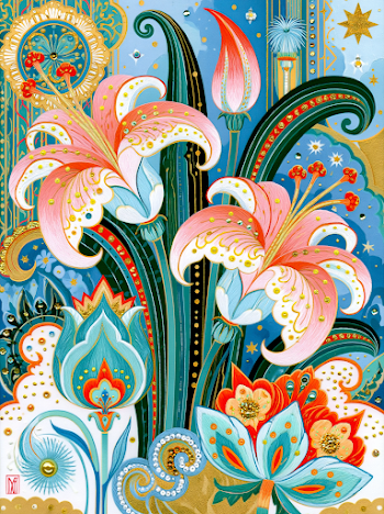 Vibrant Pink Lilies: Bold Mixed Media Art