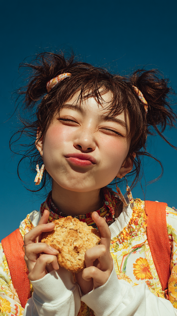 Vibrant Summer Joy: Cute Girl Enjoying Bread