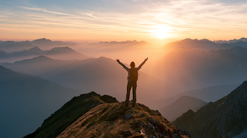 Victorious Hiker at Sunrise on Mountain Ridge