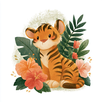 Whimsical Baby Tiger Cub Among Tropical Flowers