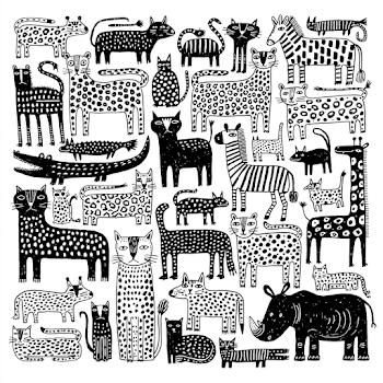 Whimsical Black and White Child's Drawing of African Animals