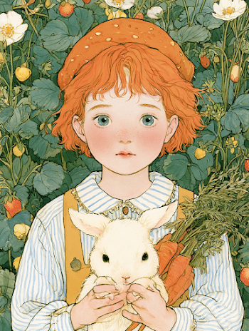 Whimsical Girl with Rabbit and Carrots in a Lush Garden