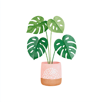 Whimsical Watercolor Monstera Plant in Pink Pot