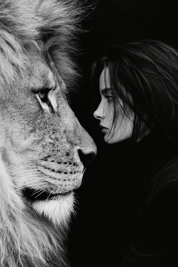 Woman Face to Face with a Majestic Lion