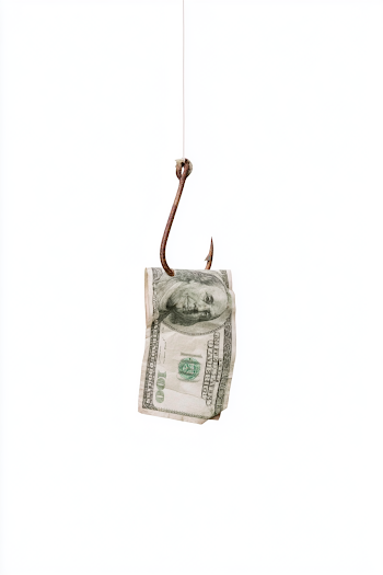 Worn Dollar Bill Dangling from Fishing Hook
