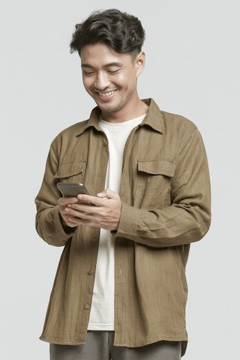 Young Adult Man Engaged with Smartphone in Casual Portrait