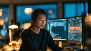 Young Asian Woman Software Engineer at Dual-Monitor Setup