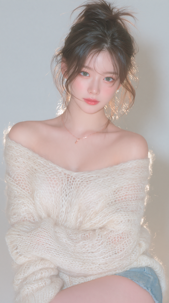 Youthful Elegance: Asian Woman in Chunky Knit Sweater