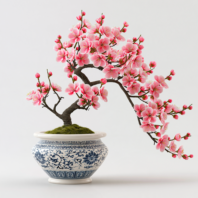 3D Clay Render of a Plum Blossom Tree in Ceramic Pot