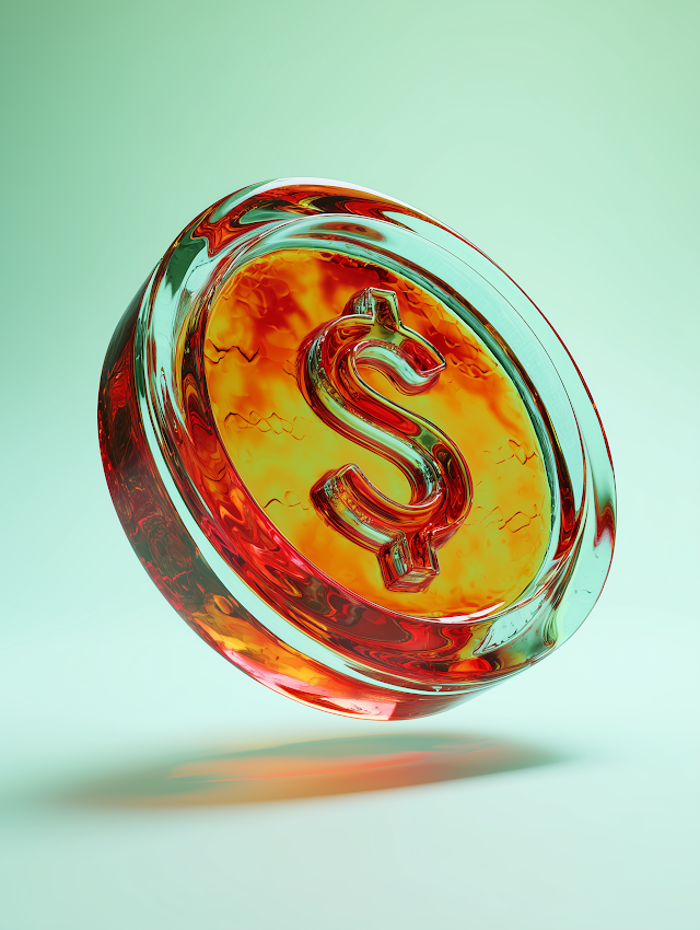 3D Floating Glass Dollar Coin with Red and Orange Hues
