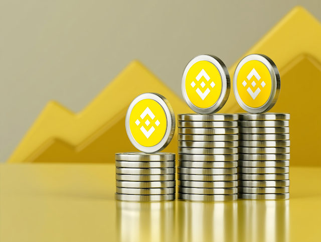 3D Stacked Cryptocurrency Coins on Glossy Yellow Surface