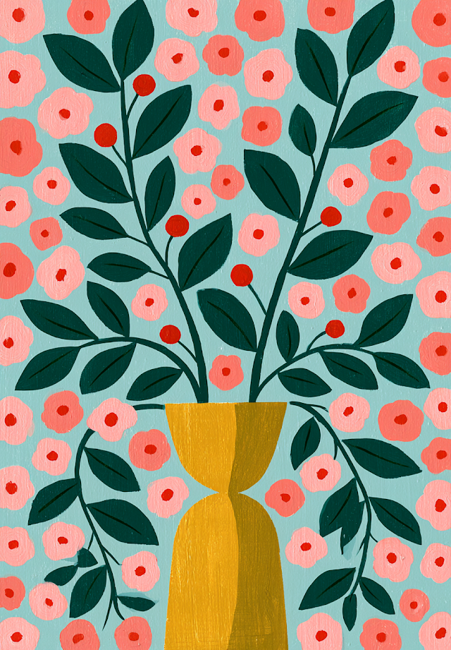 Abstract Botanical Illustration with Vase and Floral Background