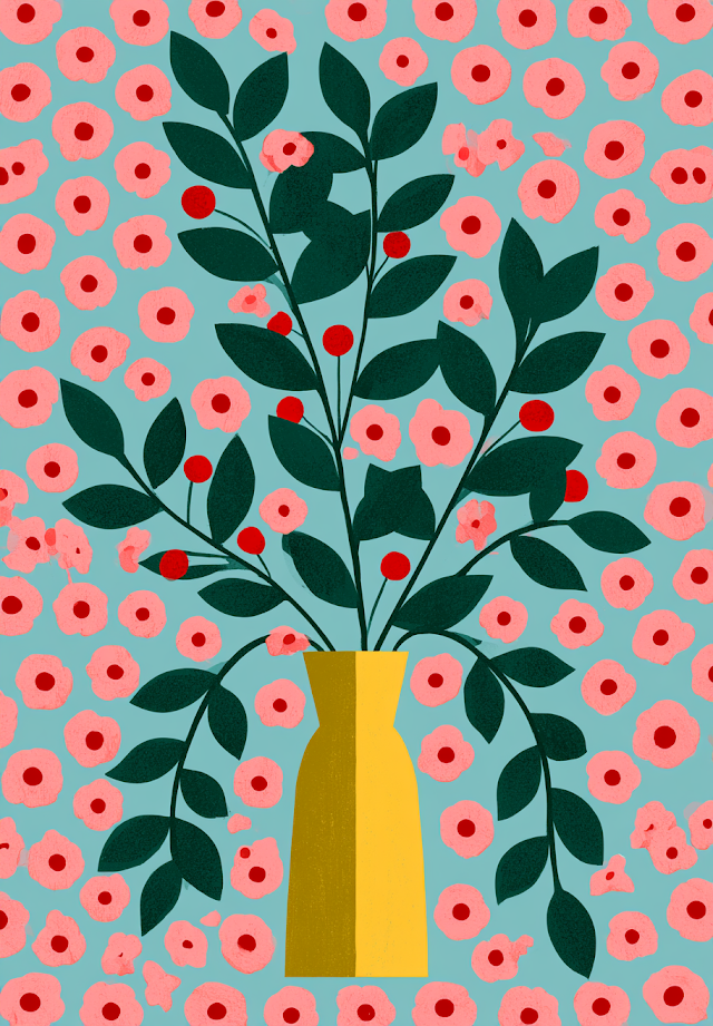 Abstract Botanical Illustration with Yellow Vase