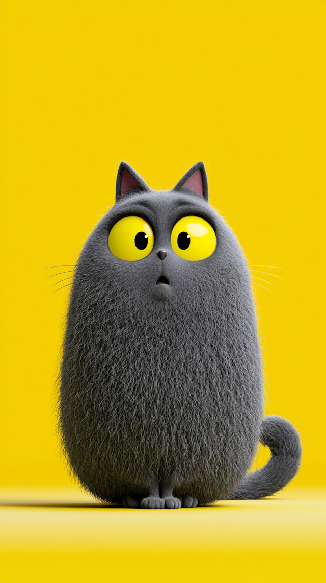 Adorable 3D Cartoon Gray Cat with Big Yellow Eyes