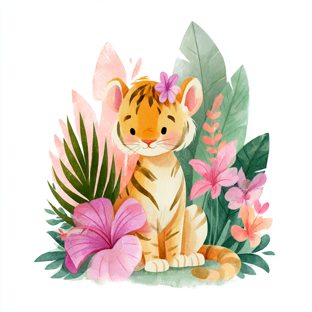 Adorable Baby Tiger Cub Among Tropical Flowers