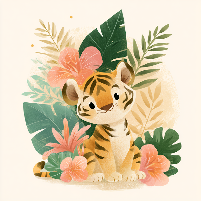Adorable Baby Tiger Cub Among Tropical Flowers
