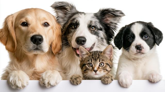 Adorable Dogs and Cats Peeking Over a Blank Banner