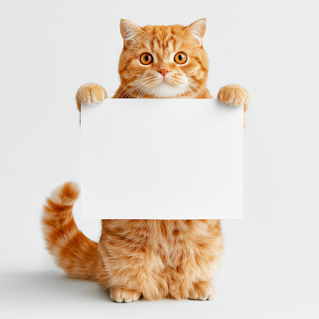 Adorable Fluffy Orange Tabby Cat with Blank Placard