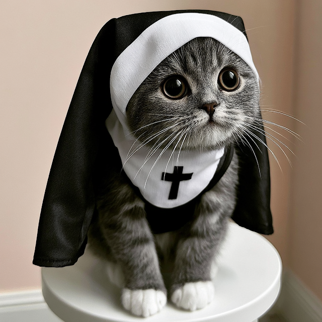 Adorable Gray Tabby Cat in Nun Costume