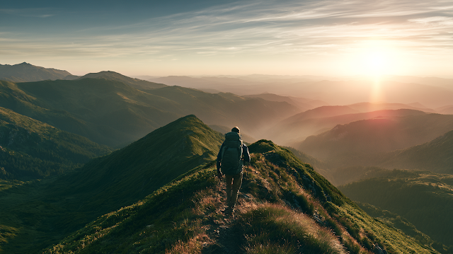 Adventurous Hiker on Mountain Ridge at Golden Hour