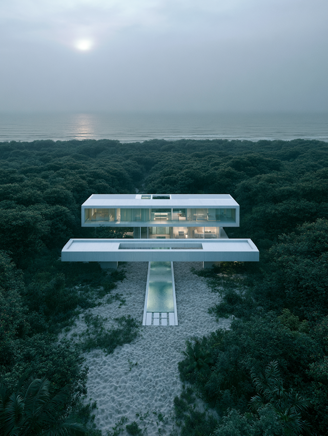 Aerial View of a Minimalist Villa Surrounded by Tropical Landscape