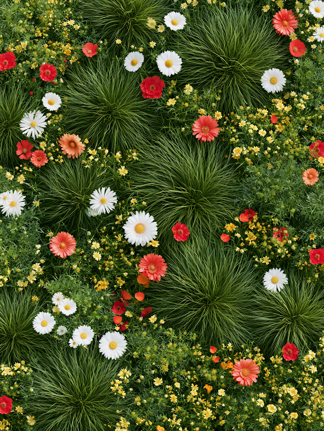 Aerial View of Vibrant Wildflowers and Lush Green Grass