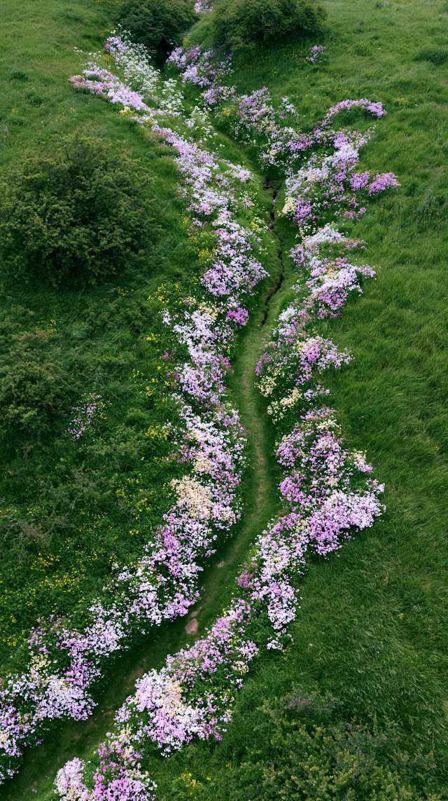 Aerial View of Winding Grass Path with Wildflowers