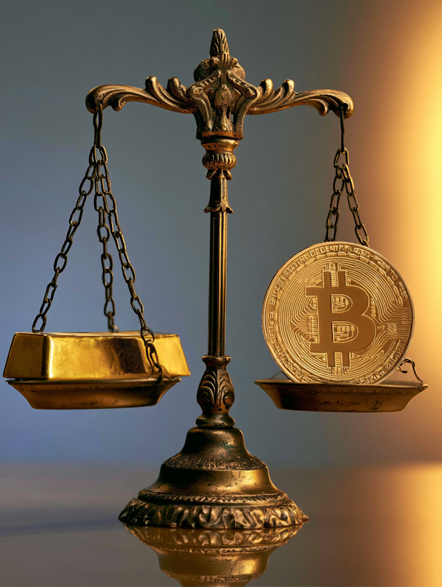 Antique Brass Balance Scale with Gold Bullion and Cryptocurrency Coin
