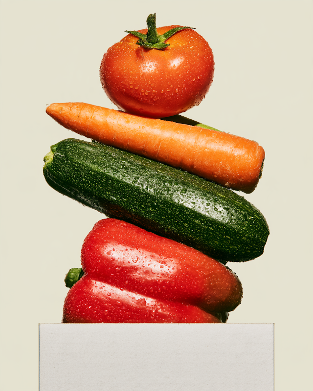 Balanced Stack of Fresh Vegetables in Minimalist Delivery Box