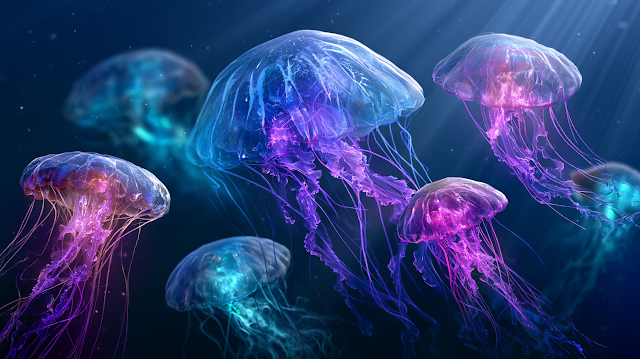 Bioluminescent Jellyfish in Deep Indigo Waters