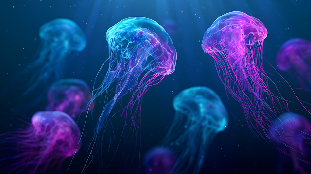 Bioluminescent Jellyfish in Deep Indigo Waters