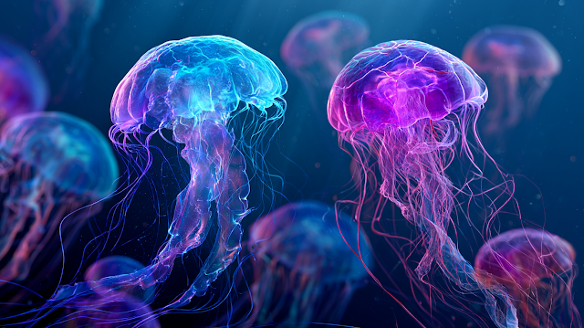 Bioluminescent Jellyfish in Deep Ocean