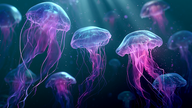 Bioluminescent Jellyfish in Majestic Ocean Depths