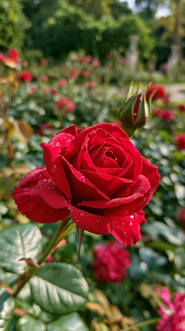 Blooming Red Rose in a Palace Garden